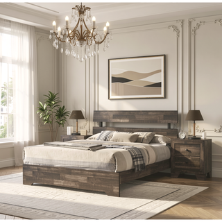 Sunvega Rustic Queen Platform Bed Slat Headboard with Brown Finish Wood Veneers
