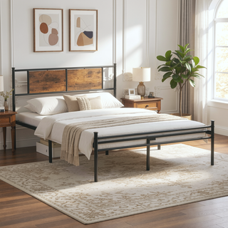 Sunvega King Size Metal Bedframe with Wood Panel Headboard and Under Storage