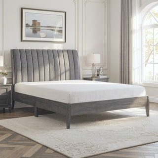 Sunvega Modern Velvet Upholstered Queen Platform Bed with Gray Wood Legs