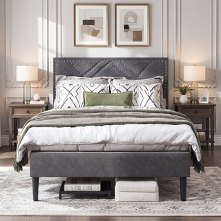 Sunvega Luxurious Queen Bed Frame with Linen Storage Headboard and Under Bed Storage