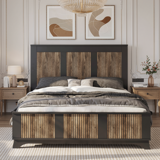 Sunvega White Farmhouse Queen Platform Bed with Wooden Strip Decoration and Plywood Slats