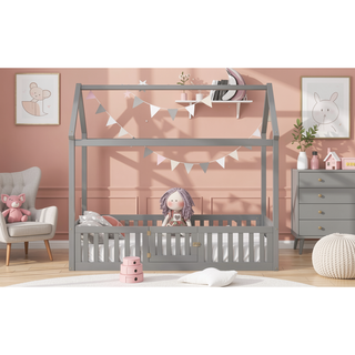 Sunvega Twin Size Wood House Bed with Fence Door and Distressed Washed Design