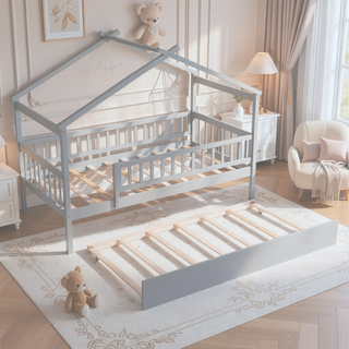 Sunvega Twin Size Wooden House Bed with Trundle and Headboard in Walnut