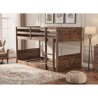 Sunvega Twin Over Twin Bunk Bed with Vintage Panelled Headboard and Safety Guardrails