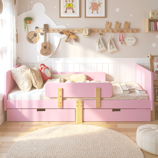 Sunvega Twin Size Solid Wood Platform Bed with Storage Drawers and Guardrail