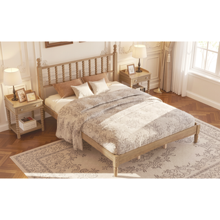 Sunvega Retro Style Queen Size Wood Platform Bed with Gourd Shaped Headboard and Slat Support