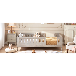Sunvega Twin Size Wood Platform Bed with Guardrail and Sturdy Construction