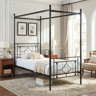 Sunvega Black Finish Twin Platform Bed Canopy Metal Frame Modern Traditional