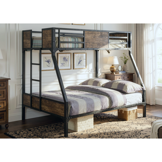 Sunvega Industrial Black Metal Bunk Bed With Wood Panels And Attached Ladder