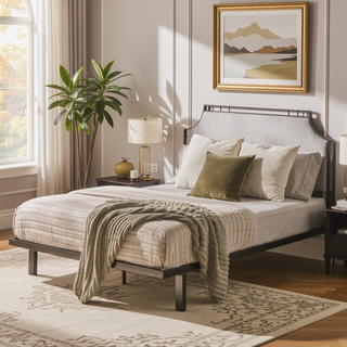 Sunvega Traditional Upholstered Metal Queen Bedframe with Fire Resistant Fabric