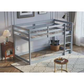 Sunvega Twin over Twin Floor Bunk Bed with Ladder and Strengthened Slats in Espresso