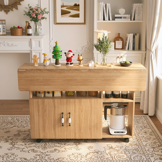 Sunvega Multi-Functional Folding Table with Storage Shelves and Wheels for Small Spaces
