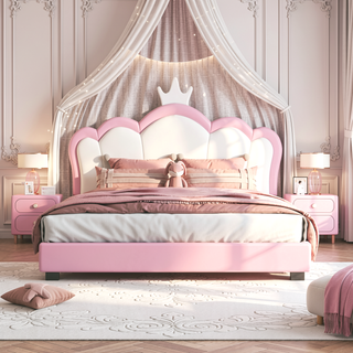 Sunvega Cream Pink Full Size Princess Bed with Crown Headboard and Footboard