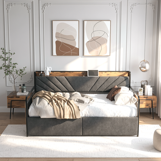 Sunvega Twin Daybed with Trundle Farmhouse Frame Sliding Barn Door Headboard Charging Station