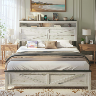 Sunvega Queen Bed Frame with LED Lights Headboard Charging Station and Hidden Storage