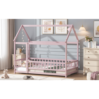 Sunvega Twin Size Wooden Floor Bed with Roof Frame and Safety Guardrails in Grey