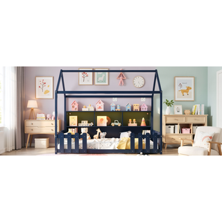 Sunvega Twin House Bed with LED Light Storage Bookshelf Guardrails for Kids Navy Blue