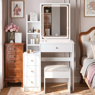 Sunvega Small Space Left Bedside Cabinet Vanity Table with Cushioned Stool