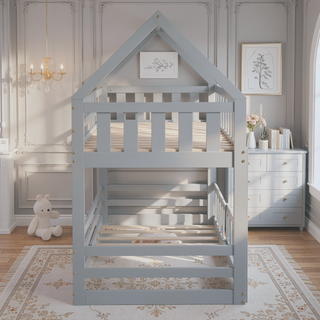 Sunvega Twin over Twin House Bunk Bed with Fence and Door in Gray