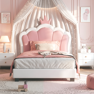 Sunvega Cream Pink Full Size Princess Bed with Crown Headboard and Footboard
