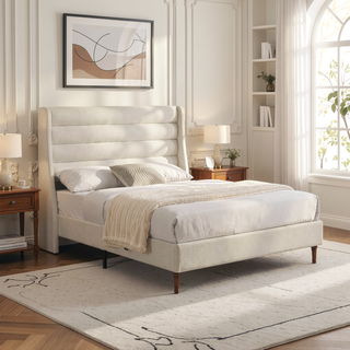 Sunvega Upholstered Queen Size Bed Frame with Wave - Shaped Headboard Premium Chenille Fabric