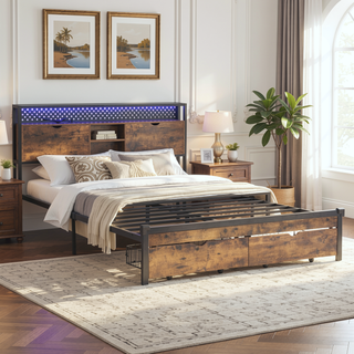 Sunvega Full Size Metal Platform Bed Frame with Wooden Headboard and Footboard