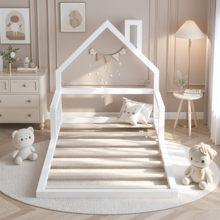Sunvega Natural Wood Floor Bed with House-Shaped Headboard for Kids Room