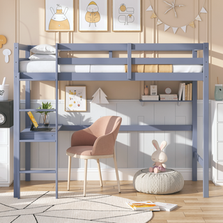 Sunvega Pink Rubber Wood Twin High Loft Bed with Safety Guardrail and Built-in Desk