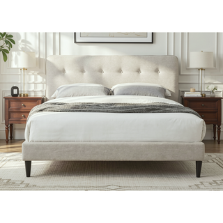 Sunvega Queen Upholstered Pleated Bed in a Box with Sturdy Dark Brown Frame