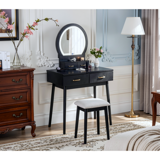 Sunvega Modern Luxury White Vanity Table Set with Built-in LED-lit Mirror and Stool