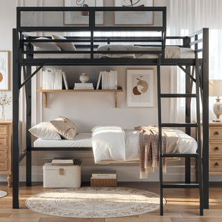 Sunvega Full Metal Loft Bed with Storage Shelf and Ladder for Kids Teens