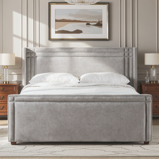 Sunvega Silver Grey Polyester Upholstered King Bed with Iron Nailhead Accents