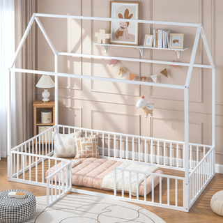Sunvega White Twin Size Metal House Bed with Fence and Door for Kids