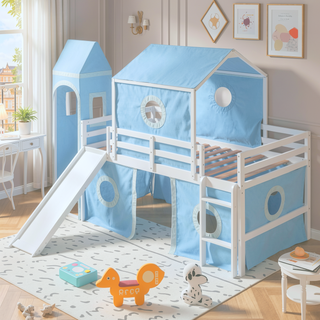 Sunvega Sturdy Pink Twin Size Loft Bed with Slide Tower and Playhouse Design