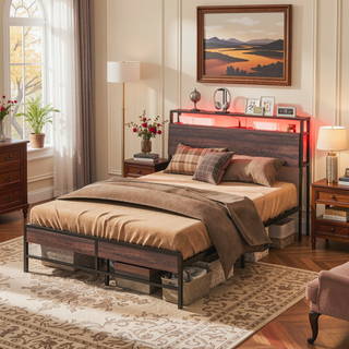 Sunvega Full Size Bed Frame with LED Lights Headboard Charging Station and Storage Shelf