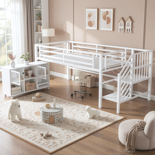 Sunvega Low Twin Metal Loft Bed with Stairs and 6 Rolling Storage Cubbies for Kids