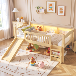 Sunvega Twin Loft Bed with Storage Shelves, LED Lights and Full Guardrails, Pink