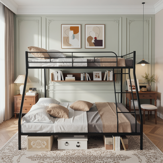 Sunvega Durable Metal Twin over Full Bunk Bed with Guardrails and Wooden Slats