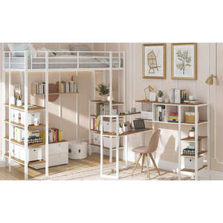 Sunvega Iron Frame Bunk Bed with L-Shaped Desk Stairs on Both Sides for Kids