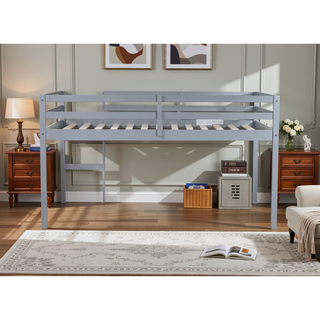Sunvega Espresso Rubber Wood Low Height Loft Bed with Ladder for Bedroom