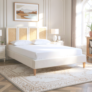 Sunvega Upholstered Platform Bed with Rattan Panels and Ivory Fabric for Bedroom