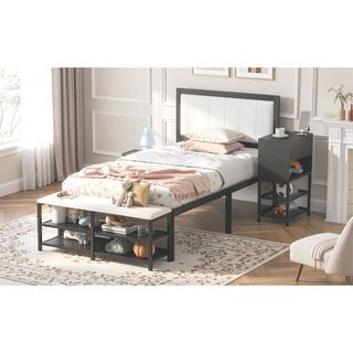 Sunvega Full Size Metal Platform Bed with Two Tier Storage Shelves and Wooden Cabinet