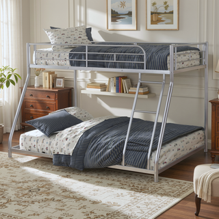 Sunvega Twin Over Full Metal Bunk Bed with Angled Ladder in Silver Contemporary Style
