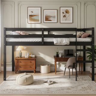 Sunvega Espresso Rubber Wood Low Height Loft Bed with Ladder for Bedroom
