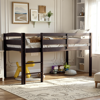 Sunvega Low Twin Wood Loft Bed with Ladder in Walnut for Kids Bedroom