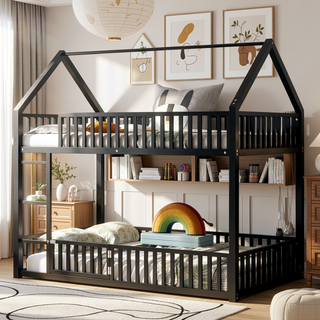 Sunvega Sturdy Metal Twin over Twin House Bunk Bed with Fence and Door
