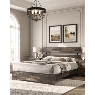 Sunvega Rustic Queen Platform Bed Slat Headboard with Brown Finish Wood Veneers