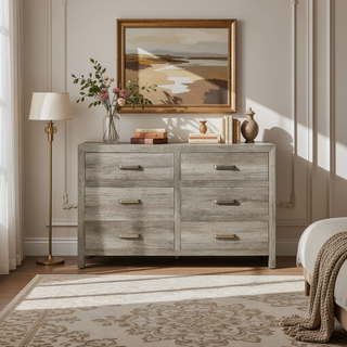 Sunvega Weathered Gray Finish 6 Drawer Dresser Faux Wood Veneer Bedroom Furniture