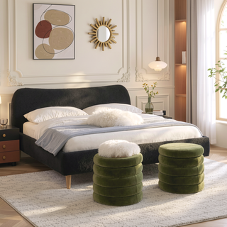 Sunvega King Upholstered Platform Bed with Curved Headboard in Oatmeal Chenille