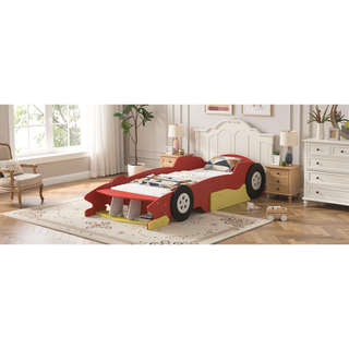 Sunvega Twin Size Race Car Platform Bed with Wheels and Safety Rails